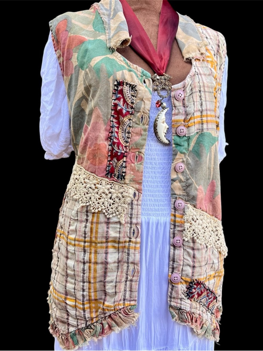 Falling Petals Boho Lace Plaid Vintage Inspired Vest